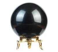 Crocon Sphère de Pierre de Tourmaline Noire avec Support en métal, sphère de Pierres précieuses, Boule de guérison, Sculpture pour Divination Fengshui, décoration d'halloween, Photographie