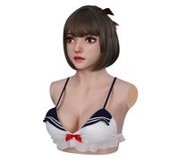 CRODRES Masque transgenre en Silicone, Masques de tête, déguisement Facial féminin avec Bonnet E, Faux Seins, Formes de Poitrine pour Halloween Cosplay,Color 1,Makeup with Hair