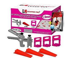 Croisillons carrelage autonivelant 1,5 mm | 150 clips + 100 cales réutilisables +1 Pince | système nivellement à cales | Kit niveleur carrelage|aide à la pose de carreaux pour Sols/murs |SHAFFER PRO