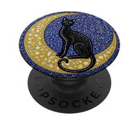Croissant de Lune céleste avec mosaïque de Chat Noir Mystique PopSockets PopGrip Adhésif