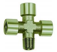 Croix 3 x intérieur, 1 x extérieur, G/R 1/2, SW 21, pression de fonctionnement max. 60 bar, température de fonctionnement max. 150 °C, laiton nickelé.