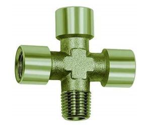 Croix 3 x intérieur, 1 x extérieur, G/R 1/2, SW 21, pression de fonctionnement max. 60 bar, température de fonctionnement max. 150 °C, laiton nickelé.
