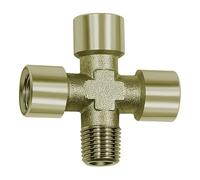 Croix 3 x intérieur, 1 x extérieur, G/R 1/4, SW 13, pression de fonctionnement max. 60 bar, température de fonctionnement max. 150 °C, laiton nickelé.