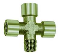 Croix 3 x intérieur, 1 x extérieur, G/R 3/8, SW 17, pression de fonctionnement max. 60 bar, température de fonctionnement max. 150 °C, laiton nickelé.
