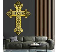 Croix bénite en métal Noir, décoration Murale Religieuse chrétienne, Sculpture Moderne en Forme de Croix pour Salon, Chambre, Couloir et escalier (dorée, 71 cm de Hauteur).