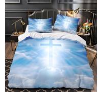 Croix chrétienne avec Dieu Ray sur Ciel Bleu pour Adultes Et Enfants 3D Imprimé Housse De Couette Housses De Couettes E avec Fermeture À Glissière avec Taies Microfibr Parure De Lit King（220x240cm）