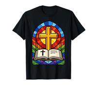 Croix colorée en vitrail et Symbole de Foi Ouvert de la Bible T-Shirt