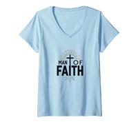 Croix de dévotion Religieuse Homme de Foi pour Homme T-Shirt avec Col en V, Femme, Bleu Céleste, M