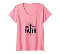Croix de dévotion Religieuse Homme de Foi pour Homme T-Shirt avec Col en V, Femme, Rose, M