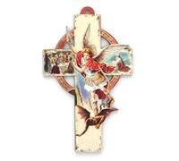 Croix de l'Archange Saint Michel en bois avec illustration - Croix religieuse - Culte Chrétien en Bois