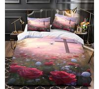 Croix de Pâques Impression 3D 3 pièces housse de lit scène spirituelle chrétienne housse de couette microfibre fermeture éclair anti-acariens pour bébés adolescents adultes Double（200x200cm）