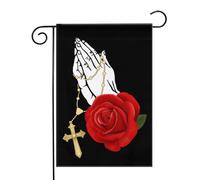Croix et rose chrétiennes vintage, main et main tenant une croix de Jésus Drapeaux de jardin (12,5 x 18 pouces) - Bannière aux couleurs éclatantes pour décoration extérieure de jardin et de maison