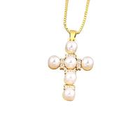 Croix Religieuse Forme Perle Pendentif Femmes Zircon Or Couleur Collier Bijoux Exquis Prier Accessoires Cadeau de Luxe