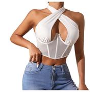 Crop top d'été dos nu avec décolleté patchwork et dentelle pour femme Vert à paillettes, Blanc., S