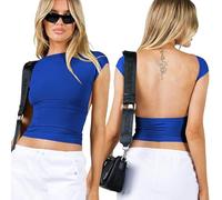 Crop Top Femme Sexy Backless, Y2K Top Dos Nu Coupe Ajustée Court T-Shirt à Manches Courtes Femme Col Rond Haut Dos Nu Chic Et Elegant Décontractée Couleur Unie Style Réversible