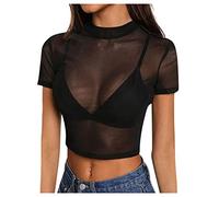 Crop Top Femmes Sexy- Haut Transparent Grande Taille-Tuniques Femme Manches Courtes Chic élastique Crewneck Tshirts D'éTé Confort Classique de Basique Chemisiers Noir Léger Sexy Chic Blouses