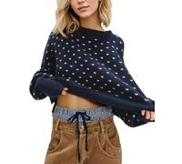 Cropped Knit Sweater for Women Oversized Crew Neck Heart Motif Pullover (Dark Blue,S)