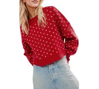 Cropped Knit Sweater for Women Oversized Crew Neck Heart Motif Pullover (Red,M)
