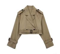 Cropped Trench Jacket Women Long Sleeve Lapel Spring(Dark brown L)