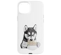 Croquis de Chien Husky affamé Mangeant des Nouilles Ramen Coque pour iPhone 15 Plus