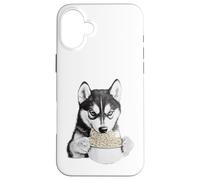 Croquis de Chien Husky affamé Mangeant des Nouilles Ramen Coque pour iPhone 16 Plus