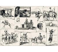 Croquis parmi les papagos de San Xavier. Après une œuvre de l'artiste américain Frederic Sackrider Remington 1861 1909. Un montage de croquis reflétant la vie des Indiens Papagos à la mission San