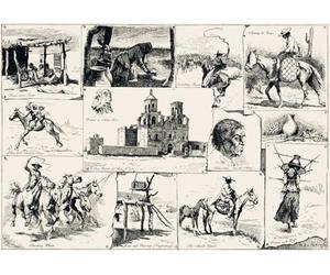 Croquis parmi les papagos de San Xavier. Après une œuvre de l'artiste américain Frederic Sackrider Remington 1861 1909. Un montage de croquis reflétant la vie des Indiens Papagos à la mission San