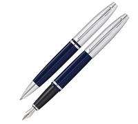 Cross Calais Coffret cadeau stylo à bille et stylo-plume (épaisseur de trait ou de plume M, couleur d'écriture noire) bleu laqué chromé