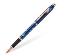 Cross Century II Cherry Blossom Stylo-plume M en acier inoxydable, couleur d'écriture : noir, vernis bleu translucide, ferrures en acier inoxydable plaqué or rose