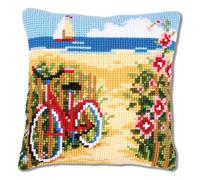 Vervaco Point De Croix Coussin Complet Set A LA Plage Decoration Manuelle Broderie Kit Adulte Art Creatif Cadeau DIY Cross Stitch Embroidery ca Cushion, Coton, Blanc, 40 x 40 cm or 16 x 16 in