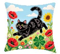 Cross Stitch Pillow Kit,Un chat heureux parmi les fleurs,11CT Cross Stitch Cushion Cover,Embroidery Kit Pillow Cases,Handmade Cushion Cover Home Sofa Decoration,45x45cm