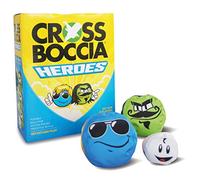 Crossboccia® Doublepack Heroes Lot de 2 x 3 sacs en tissu de la même couleur, différents designs, Ø 8 cm remplis de granulés, ensemble pour 2 joueurs, avec balle de cible, en carton 4 couleurs avec