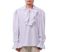 CROSSDREAMER Homme médiéval Chemise Pirate Haut poètes Chemisier de la Renaissance, Costume (Blanc，L)