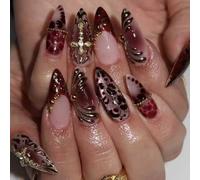 Crosses décoratives tendance sur faux ongles - Impression léopard en métal - Pour le travail et les fêtes - Polyvalence - Nudes françaises - Presses sur les ongles