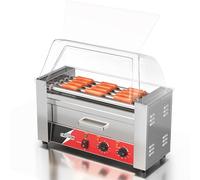 CROSSON Machine à Hot Dog Professionnel 5 Rouleaux avec Tiroir Chauffant à Pains,12 Hotdogs 1050W Hot Dog Grill en Acier Inoxydable avec Contrôle de Température & Pare-éternuement Transparent