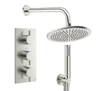 Crosswater MPRO Ensemble de douche de tête encastré - 3 leviers - pomme de douche 30 cm - douchette à main - bras mural - inox brossé DESET7L300