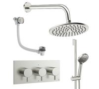 Crosswater MPRO Ensemble de douche de tête encastré - 3 leviers - vidage de baignoire - pomme de douche 20 cm - douchette à main - barre de douche - bras mural - acier inoxydable brossé DESET9L200