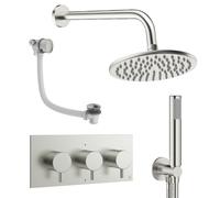 Crosswater MPRO Ensemble de douche pluie encastré - 3 poignées - vidage de baignoire - pomme de douche 20 cm - douchette à main - bras mural - inox brossé DESET8L200
