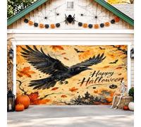 Crow Couverture de porte de garage festive, chauve-souris d'automne et feuilles d'Halloween, bannière de porte de garage noire, décoration d'intérieur pour jardin, extérieur, fête intérieure, 400 x
