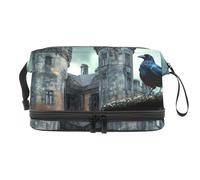 Crow on Abandon Castle Trousse à maquillage double couche pour femmes et filles, trousse de toilette de voyage, trousse de maquillage, pochette de rangement pratique avec compartiment à brosse,