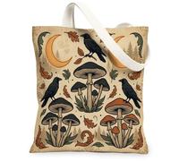 Crow Sac fourre-tout en toile, style vintage, inspiré de la nature, champignons, feuilles, automne, noir, sacs fourre-tout quotidiens 33 x 38 cm