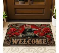 Crowned Raven Paillasson de bienvenue avec roses rouges pour extérieur et intérieur, décoration vintage, caoutchouc imperméable, antidérapant, absorbant la poussière, facile à nettoyer, 73,6 x 43,2 cm