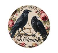 Crows Roses Branches Welcome Art Round Tin Sign Vintage Metal Poster Retro Bar, Maison, Man Cave, Cuisine, Buanderie, Décoration Murale Cadeau 20,3 x 20,3 cm