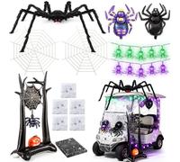 Crowye Kit de décorations pour voiturette de golf d'Halloween de 150 cm, araignée noire géante avec yeux LED, toiles d'araignée, arche gonflable, nappe de table pour chariot de golf effrayant