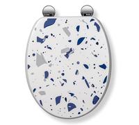 Croydex Blue Terrazzo Abattant WC avec charnières Flexi-Fix - Revêtement antibactérien, bois durable certifié FSC et compatible avec les poêles britanniques standard, blanc moderne avec motif Terrazzo