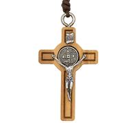 Crucifix en bois marron avec médaille de Saint Benoît argentée | Saint patron des étudiants et de l'Europe | Excellent cadeau catholique pour première communion et confirmation | Comprend un cordon en cuir, Bois, Sans pierre précieuse