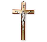Crucifix mural - Crucifix en bois d'acajou 15cm avec corpus et bandes incrustées de laiton (10580)