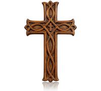 Crucifix religieux catholique en bois à suspendre - 40 x 30 cm - Plaque française sculptée florale - Décoration d'intérieur - Église - Chapelle - Décoration murale - Finition rustique antique