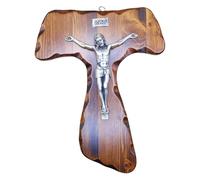 Crucifix Tau en bois - Christ en argent - La Balestra - Fabriqué en Umbria Italy - (27,5 x 22,5 cm)