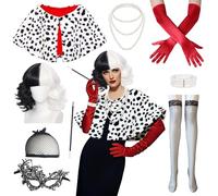 Cruella Costume - 9 Pièces Perruque Noire et Blanche Halloween Ensemble d'Accessoires Écharpe à Pois Blancs et Noirs Bonnet en Résille Masque